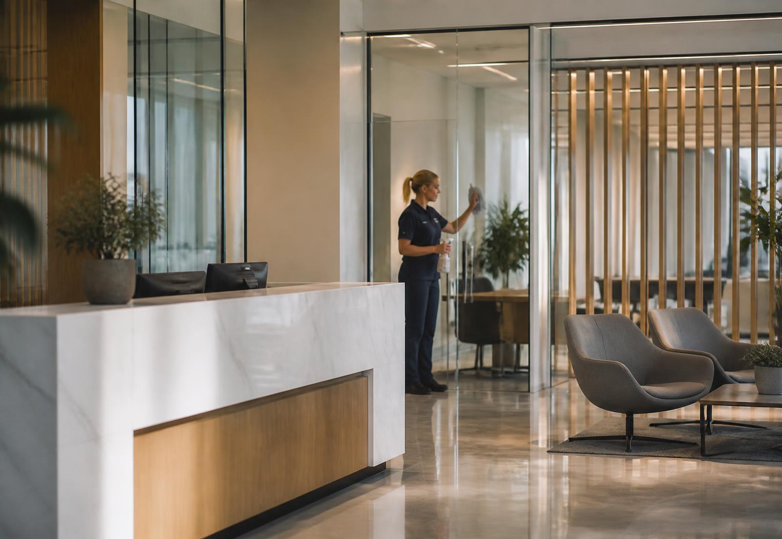 A uniformed cleaning operative maintaining glass in a bright modern office reception